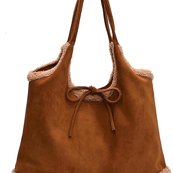 Brown Faux Suede Shearling Tote Bag - Picture 6 of 6